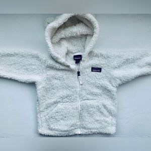 White 6-12m Patagonia jacket with bear hood